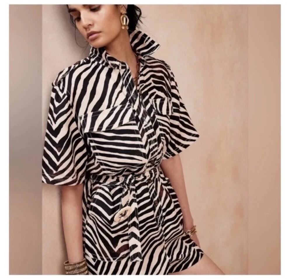 Banana Republic Zebra Print Linen Romper Size M Belted Safari Shirt Dress $160